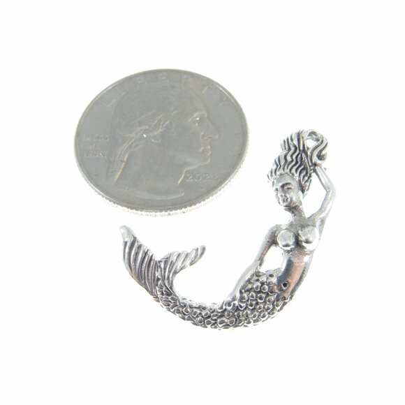 Solid 925 Sterling Silver 3D Relaxing Nude Mermaid Slide Pendant, Sea Goddess - Picture 5 of 9